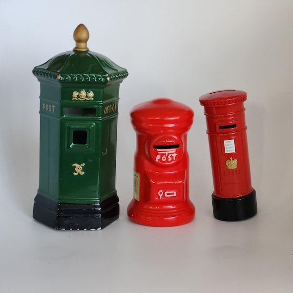 Vintage British mailbox coin bank piggy bank red or green ceramic or metal EUC