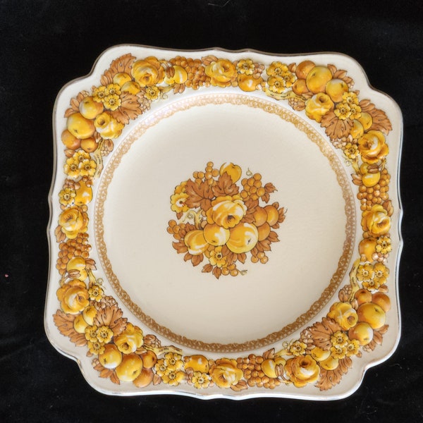 Crown Ducal Florentine square plate made in England antique some crazing yellow and tan 8"