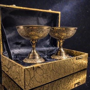 Puede incluir: Un juego de copas doradas con intrincados diseños florales, presentado en una caja de regalo a juego. La caja está abierta, revelando dos copas sobre un forro de terciopelo azul oscuro. Las palabras "BEST SELLER" y "ELEGANT GOBLET SET with GIFT BOX" están presentes.