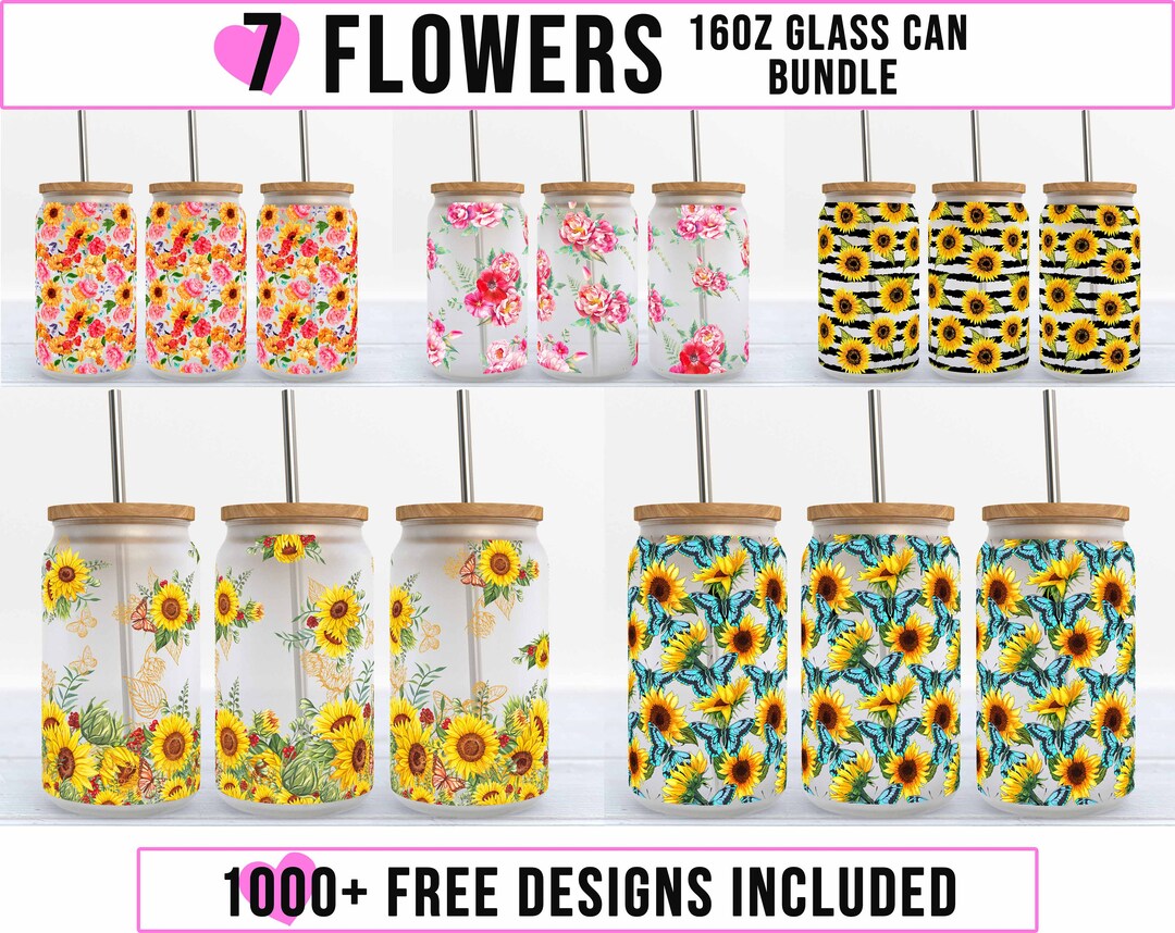 7 Floral 16oz Glass Can Bundle PNG, Boho Flower Libbey Can Sublimation ...