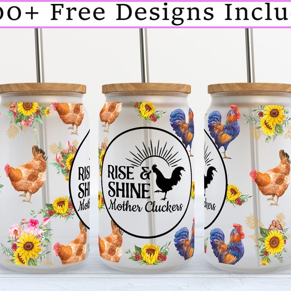 Rise And shine Mothercluckers 16oz Glass Can PNG, Boho flower Libbey can sublimation, chicken print digital wrap, animal lover glass can