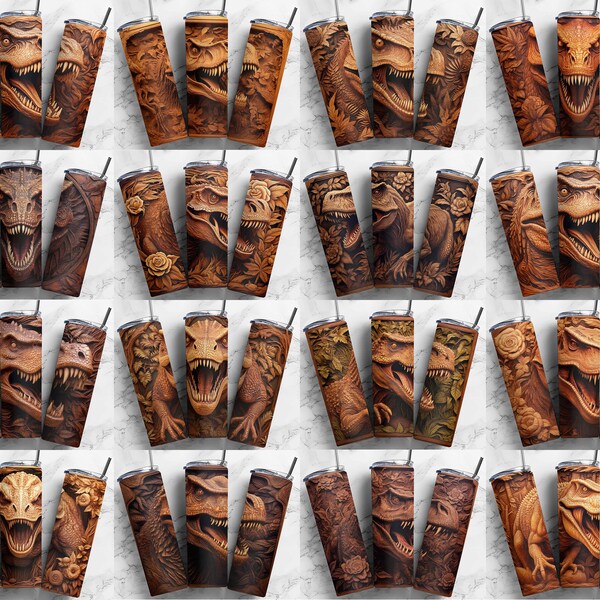 18+ 3D carved dinosaurs 20oz Tumblers bundle wrap PNG, carved wood skinny Sublimation tumbler, 3D Dinosaurs carved digital tumbler wrap