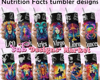 12 Zodiac Star Sign Nutrition Facts Bundle 20oz Skinny Tumbler Sublimation Design, Astrology Tumbler Wrap PNG, Celestial Signs Astrologer