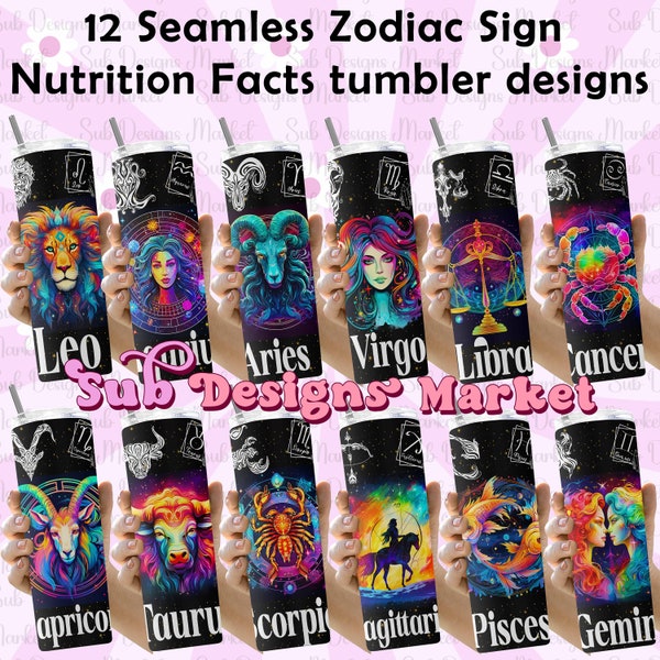 12 Zodiac Star Sign Nutrition Facts Bundle 20oz Skinny Tumbler Sublimation Design, Astrology Tumbler Wrap PNG, Celestial Signs Astrologer