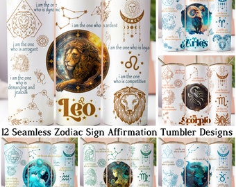 12 Zodiac Sign Affirmation 20 oz Skinny Tumbler Sublimation Designs bundle PNGs, Astrology Tumbler Wrap PNG, Celestial Signs Astrologer png