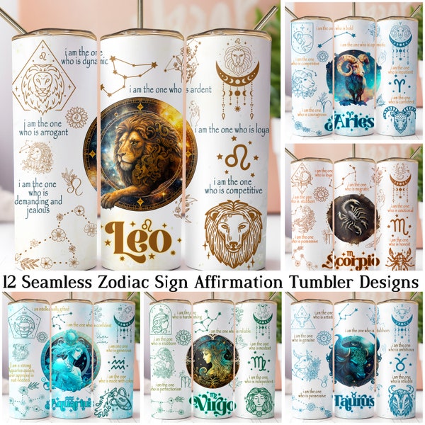 12 Zodiac Sign Affirmation 20 oz Skinny Tumbler Sublimation Designs bundle PNGs, Astrology Tumbler Wrap PNG, Celestial Signs Astrologer png