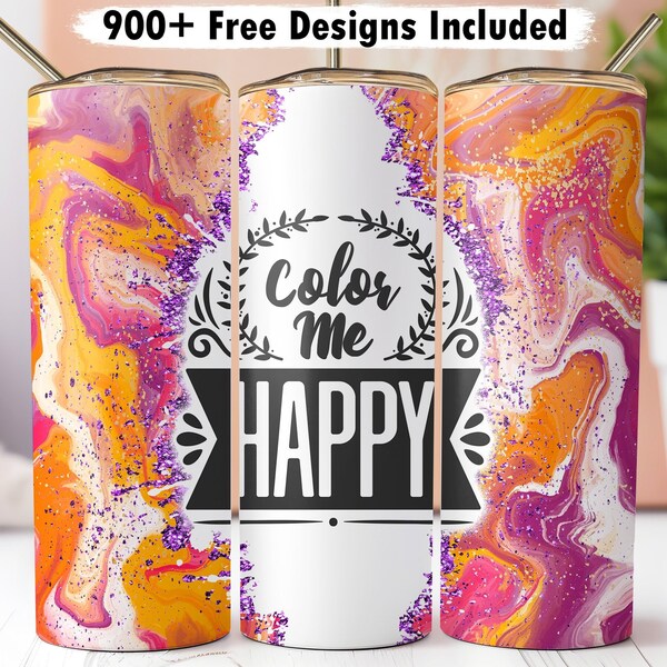 Färben Sie mich glücklich 20 Unzen Tumbler Wrap PNG, Glitter Marmor abstrakte dünne Sublimation, Motivationszitat Tumbler, positive inspirierende Verpackung