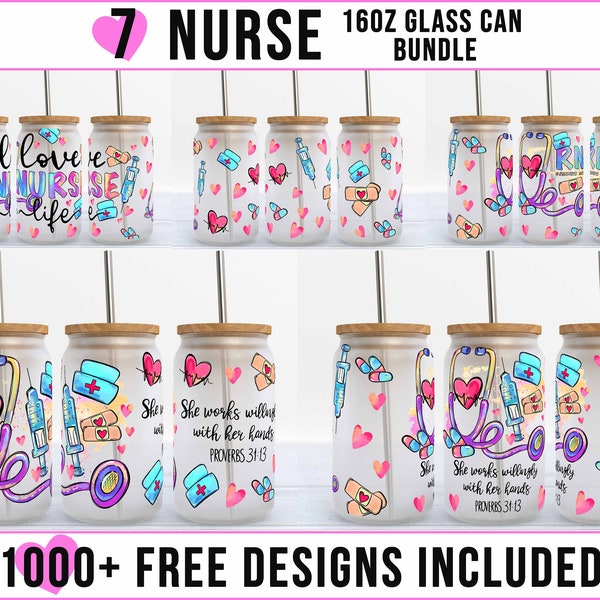 7 Krankenschwester 16oz Glasdose Bundle PNG, Krankenschwester Life Libbey Glasdose Wrap, Krankenschwester Arzt Sublimation digitale Wrap, medizinische Krankenschwester Doodle Wrap