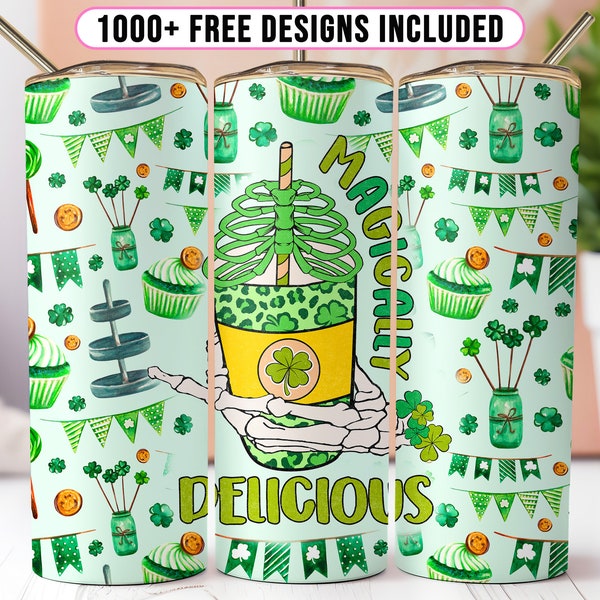 Emballage de gobelets de 20 oz pour la Saint-Patrick PNG, emballage magiquement délicieux, emballage squelette drôle, sublimation maigre de trèfle porte-bonheur, gobelet trèfle