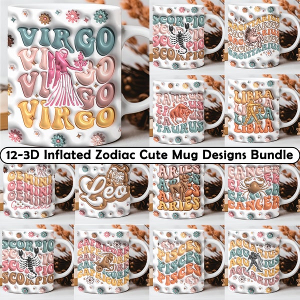 12 Zodiac Sign Cute 3D Inflated 11oz & 15oz MUG Sublimation Designs bundle PNGs, Astrology Zodiac MUG Wrap, Celestial Signs Astrologer png