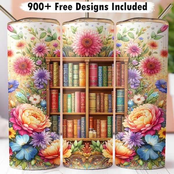 3D Books floral 20oz tumblers bundle wrap PNG, Librarian Tumbler skinny Sublimation design, Book Lover, Stack of Books, colorful flower wrap