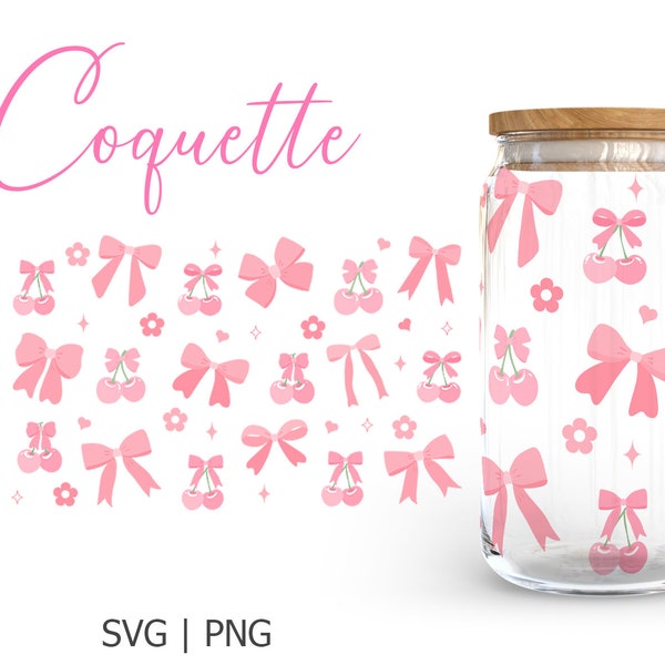 Coquette Pastel Pink cherry bow 16oz Glass Can SVG, Bow Daisy Libbey sublimation wrap PNG, Ribbon png, Bow SVG file for Cricut, Trendy svg