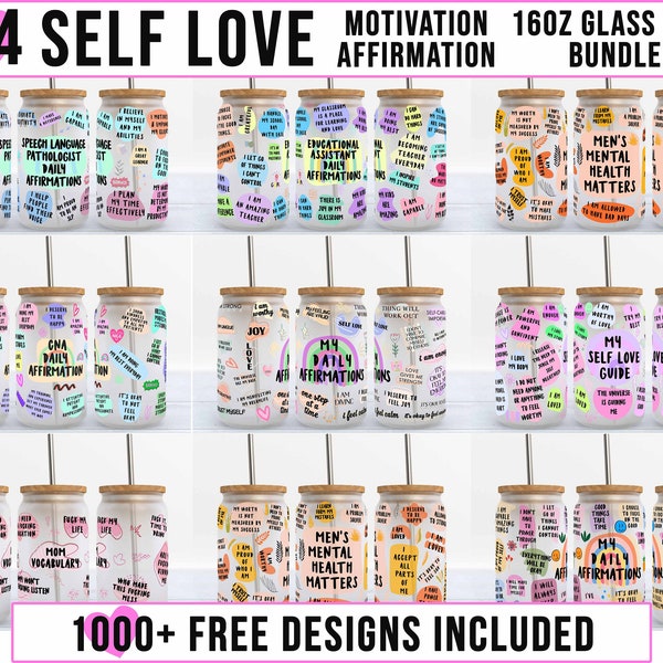 14 self love 16oz Glass Can bundle PNG, Boho Rainbow, Daily Reminder Libbey can, Motivation Inspirational Words, Self Love, Positive Quote