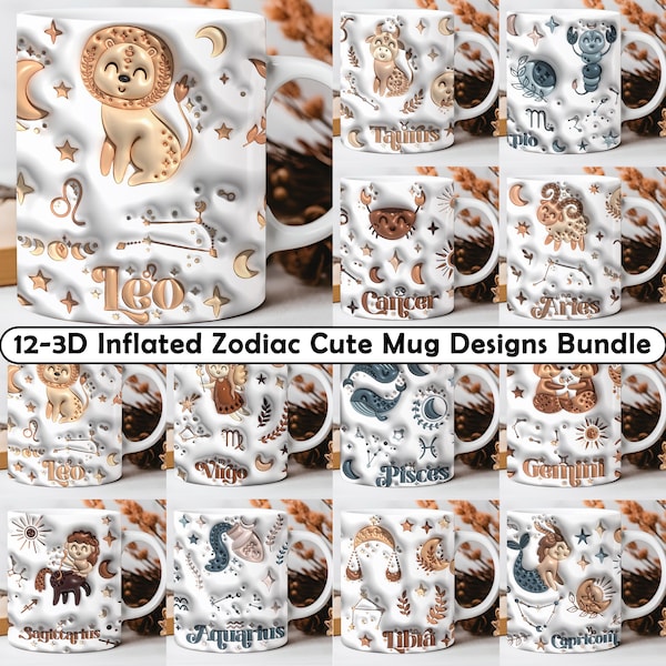 12 Zodiac Sign Cute 3D Inflated 11oz & 15oz MUG Sublimation Designs bundle PNGs, Astrology Zodiac MUG Wrap, Celestial Signs Astrologer png