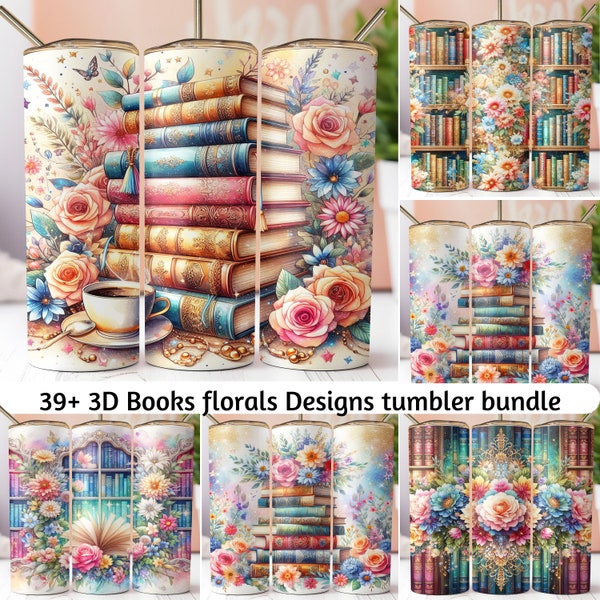 39+ 3D Books floral 20oz tumblers bundle wrap PNG, Librarian skinny Sublimation design, Book Lover, Stack of Books, colorful flower wrap