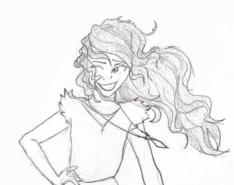 May include: A black and white line drawing of a woman with long, curly hair wearing a simple dress and smiling.