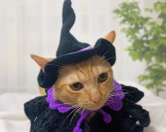 Disfraz de bruja para gatos: sombrero y bufanda de ganchillo - Disfraz de Halloween para mascotas