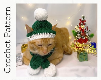 Haakpatroon: Christmas Delight kattenmuts en sjaalset, PDF-instructies voor kattenkostuum, gehaakt kerstidee van katten