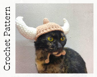Crochet Pattern: Viking hat for cats, PDF instructions for viking hat costume with chin straps ear holes, perfect for Feline Warriors