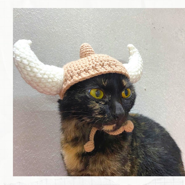 Crochet Pattern: Viking hat for cats, PDF instructions for viking hat costume with chin straps ear holes, perfect for Feline Warriors