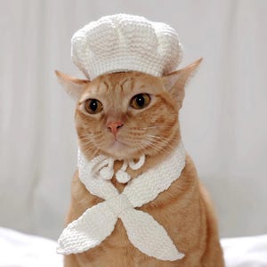 French Chef Hat And Scarf For Cats, Cook Pet Cosplay Outfit, Hat Costume With Chin Straps And Ear Holes