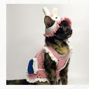 Crochet Pattern: Dress For Cats, Easter Bunny Ear Hat for Cats, Handmade Pet Clothes, Pink Comfortable Pet Clothing, Bunny Costume For Cats