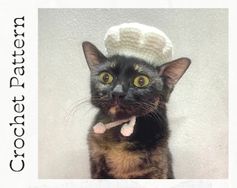 Crochet Pattern: Flared toque hat for cats, PDF instructions for cat chef's hat costume with chin straps