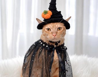 Sombrero de bruja de calabaza y capa de ganchillo para gatos - Disfraz de Halloween para mascotas