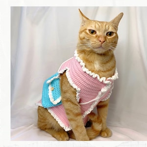 Crochet Pattern: Sweater with a crossbody bag for cats, Easter Bunny Clothes for Cats, Handmade Pet Clothes, Pink Comfortable Pet Clothing