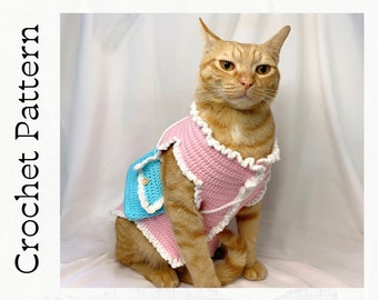 Crochet Pattern: Sweater with a crossbody bag for cats, Easter Bunny Clothes for Cats, Handmade Pet Clothes, Pink Comfortable Pet Clothing