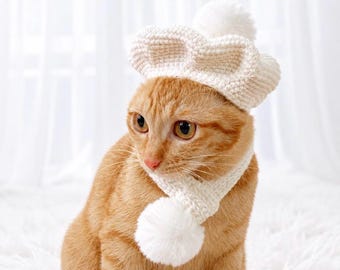 Adorable Handmade Crochet Cat Beret Hat and Scarf Set with Pom Pom - Pet Fashion Accessory for Feline Festivities