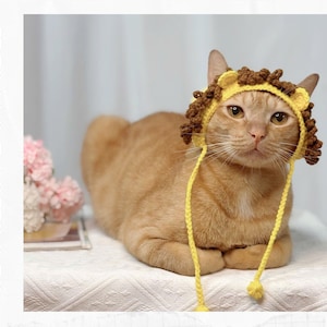 Crochet Pattern: Lion hat for cats, PDF instructions for cat lion&#39;s hat costume with chin straps, ear holes, crochet funny idea of cats