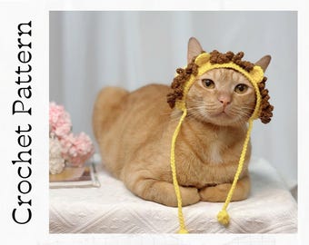 Crochet Pattern: Lion hat for cats, PDF instructions for cat lion&#39;s hat costume with chin straps, ear holes, crochet funny idea of cats