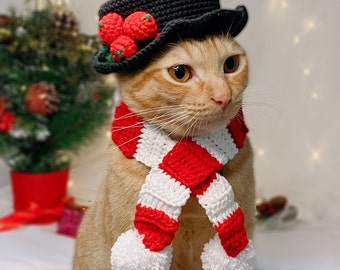 Snögubbe Kattmössa och Halsduk Set - Rolig Handgjord Stickad Varm Hund Kattunge Katt Husdjur Julklappar Dräkter, Husdjurspresent