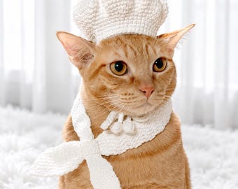 French Chef Hat And Scarf For Cats, Cook Pet Cosplay Outfit, Hat Costume With Chin Straps And Ear Holes
