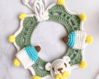 Crochet Bear Cat Collar with Straps, Crochet Pet Collar, Pure Color Collars for Cat, Cat and Dog Collar, Soft Collars, Cat Collar Light