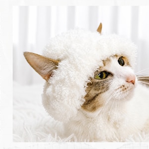May include: A white, fuzzy, textured crochet hat worn by a tabby and white cat. The text "Crochet Pattern" is printed vertically in black on the left side of the image. The hat features a soft, looped yarn construction that covers the top of the head.