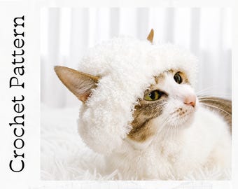 Crochet Pattern: Bucket Fluffy hat for cats, PDF instructions for cat winter costume with chin straps / ear holes, crochet idea of cats
