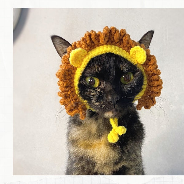 Crochet Pattern: Lion hat for cats, PDF instructions for cat lion's hat costume with chin straps, ear holes, crochet funny idea of cats