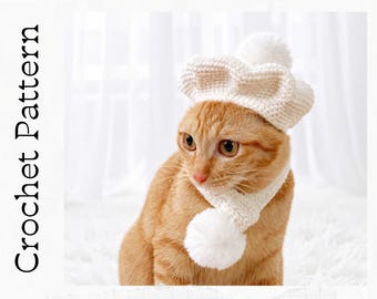 Crochet Pattern: Cat Beret Hat and Scarf Set with Pom Pom, PDF instructions for cat costume, crochet Christmas idea of cats
