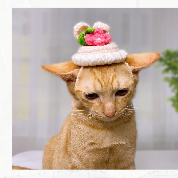 Crochet Pattern: Rabbit ear mixed with flowers hat for cats, PDF instructions for hat costume with chin straps ear holes