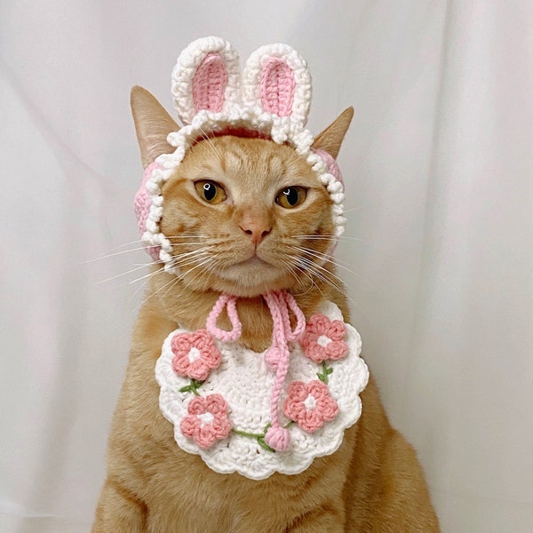 Easter Bunny Costume for Cats, Cat Hat, Bib, Easter Rabbit Ears for Cats, Crochet Pet Clothes for the Holiday Season