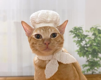 French Chef Hat And Scarf For Cats, Cook Pet Cosplay Outfit, Hat Costume With Chin Straps And Ear Holes