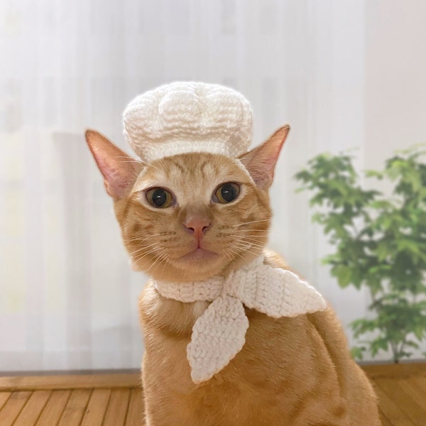 French Chef Hat And Scarf For Cats, Cook Pet Cosplay Outfit, Hat Costume With Chin Straps And Ear Holes