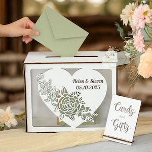 Porte-cartes de mariage personnalisé avec fente - Porte-cartes en bois avec rose, tirelire de mariage, porte-enveloppe de réception, coffret de mariage personnalisé