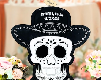 Libro de invitados de boda con forma de calavera, alternativa para ceremonia gótica de Halloween, buzón de entrega exclusivo para el Día de los Muertos, tema "Hasta que la muerte nos domine".