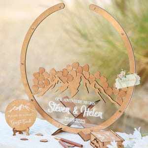 Rustic Mountain Wedding Guest Book, Circle Frame Wooden Nature Drop Box Custom Sign-In Minimalist Guestbook Idea Adventure Book Alternative