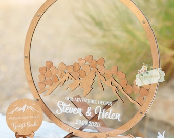 Rustic Mountain Wedding Guest Book, Circle Frame Wooden Nature Drop Box Custom Sign-In Minimalist Guestbook Idea Adventure Book Alternative