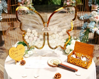 Buzón de mariposa dorado personalizado para decoración de fiesta de quinceañera, regalo personalizado, libro de visitas alternativo, letrero de bienvenida único en libro de visitas de mariposa