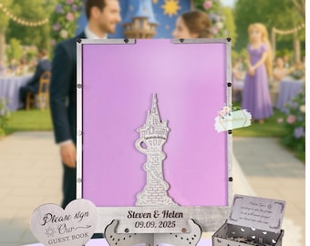 May include: A wooden guest book alternative with a purple background and a tower design. The frame is engraved with the names "Steven & Helen" and the date "09.09.2025". A heart-shaped sign reads "Please sign Our GUEST BOOK".